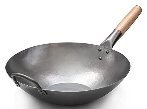 The Wok Shop carbon steel hand hammered pow wok wood handle